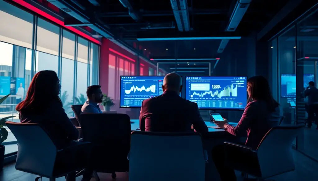 Réunion stratégique sur le marketing dans un bureau moderne, illustrant l'analyse de données et l'utilisation de l'IA pour la personnalisation.