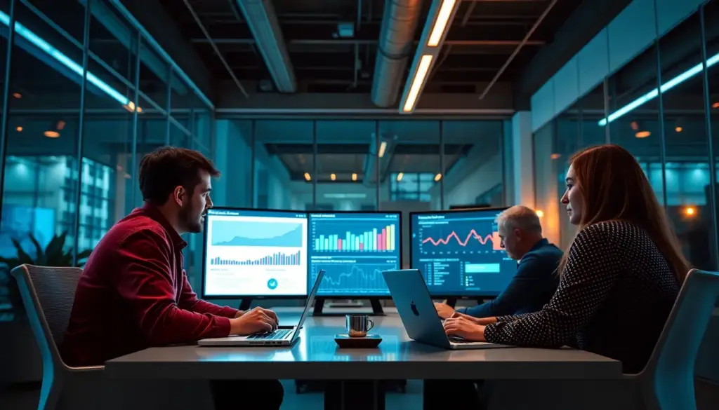 Réunion de stratégie marketing digital dans un bureau moderne, mettant en scène l'utilisation de l'IA pour des campagnes personnalisées.