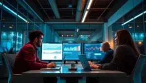 Réunion de stratégie marketing digital dans un bureau moderne, mettant en scène l'utilisation de l'IA pour des campagnes personnalisées.