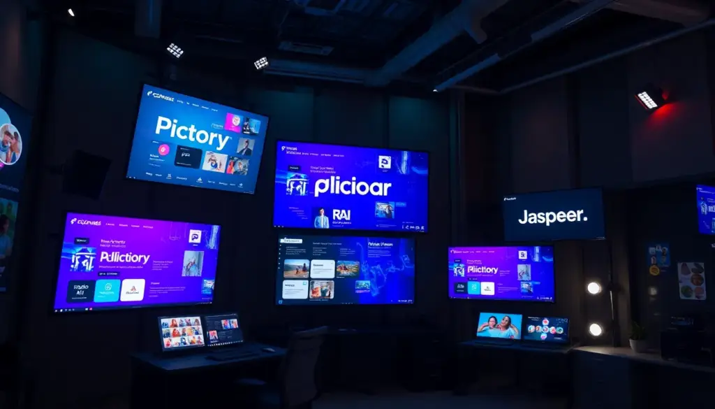 Studio créatif moderne avec écrans montrant des outils générés par IA comme Pictory et Jasper, soulignant la transformation numérique dans la création de contenu.