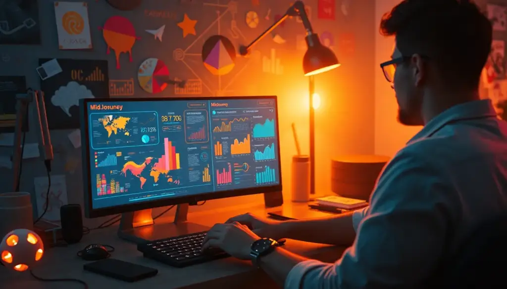 Artiste utilisant MidJourney pour créer des infographies colorées, illustrant la créativité dans le design assisté par IA.
