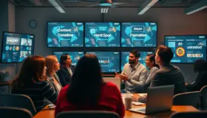 Atelier de marketing avec des entrepreneurs brainstorming autour d'écrans montrant des outils de génération de contenu IA comme Jasper et HubSpot.