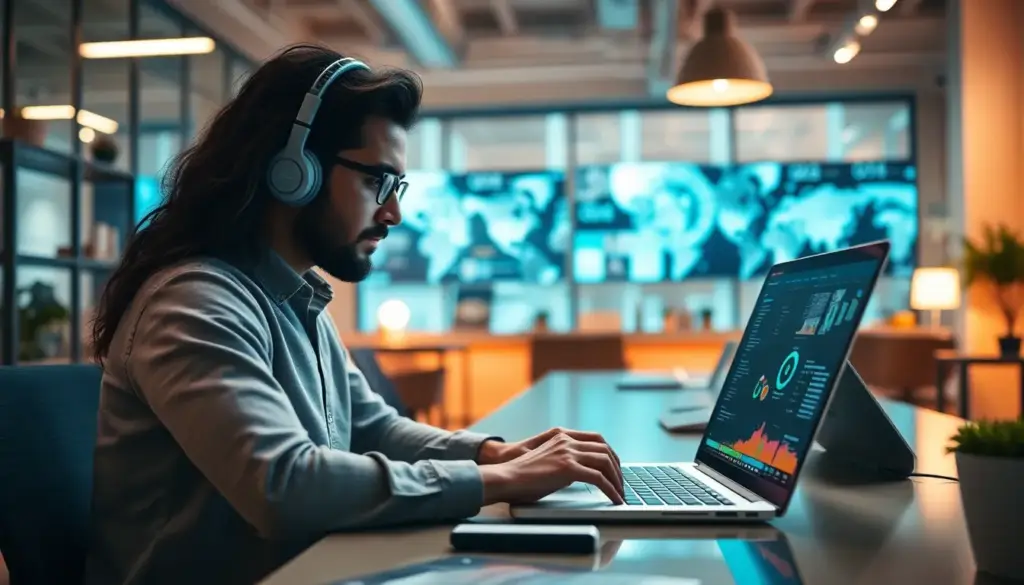 Blogueur utilisant des outils IA sur un ordinateur portable dans un bureau moderne, illustrant la créativité et l'efficacité dans la création de contenu.