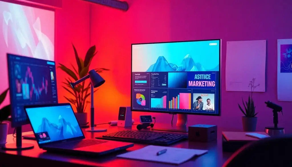 Espace de travail moderne pour le marketing digital avec outils de design IA, illustrant l'intégration de Canva pour des campagnes personnalisées.