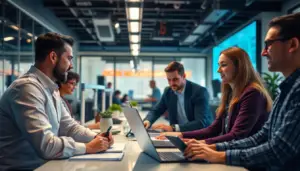 Bureau dynamique où des professionnels utilisent des outils d'IA comme ChatGPT et Claude AI pour l'automatisation.