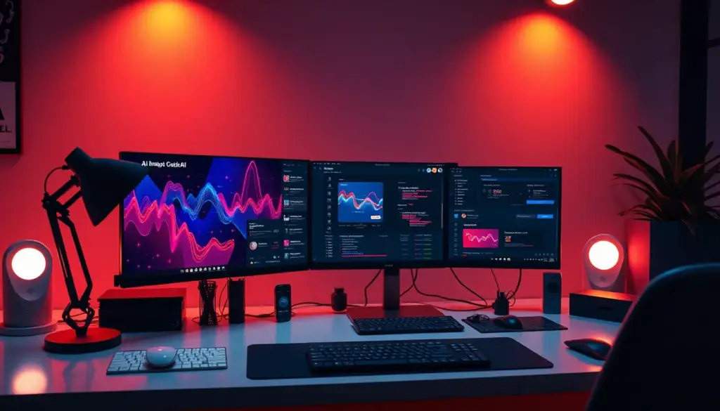Espace de travail moderne sur le marketing digital avec des outils IA comme Claude AI et ChatGPT, illustrant l'innovation dans les stratégies marketing.