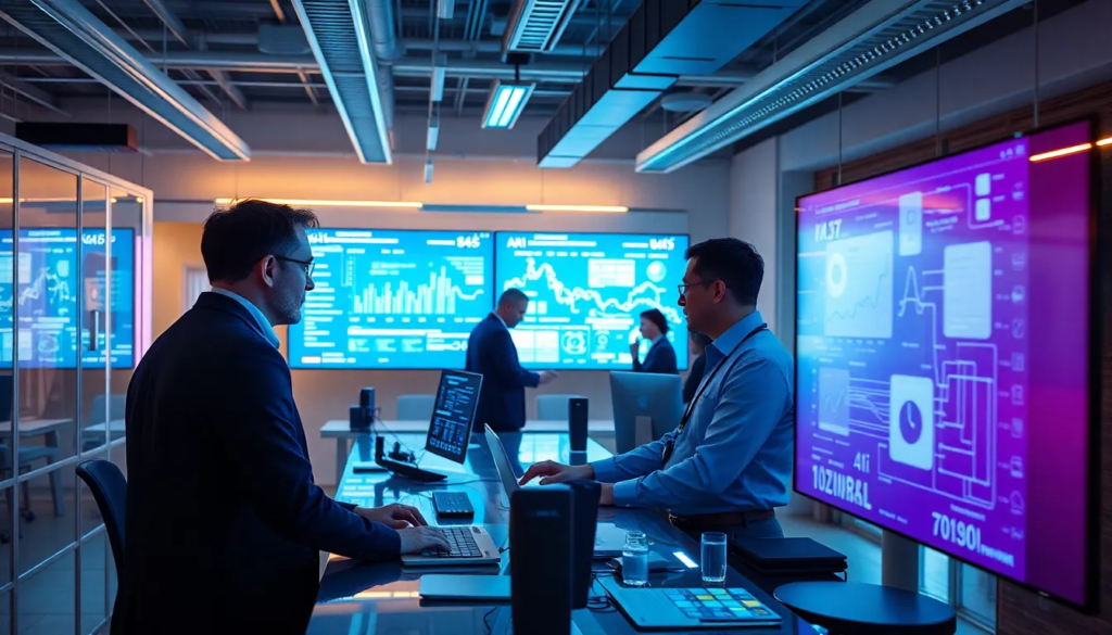 Bureau moderne avec analystes de données utilisant des outils de marketing automatisés par IA, illustrant l'impact de l'automatisation IA sur le marketing en France.