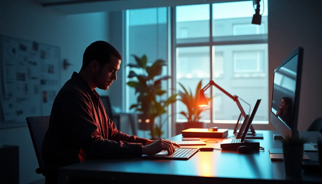 Illustration de Google Chrome avec des fonctionnalités IA génératives, montrant un utilisateur organisant ses onglets et rédigeant dans un bureau moderne.
