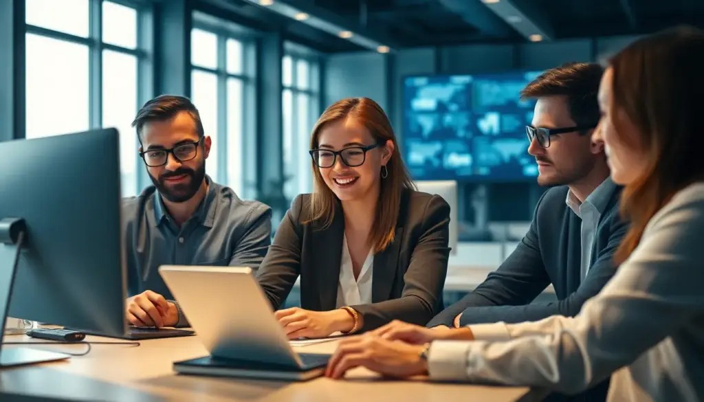 Équipe de professionnels collaborant dans un bureau moderne, utilisant des assistants virtuels IA pour automatiser les tâches.