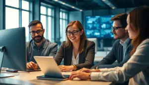 Équipe de professionnels collaborant dans un bureau moderne, utilisant des assistants virtuels IA pour automatiser les tâches.