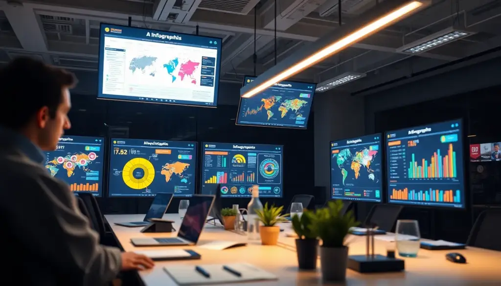 Processus de création d'infographies par IA dans un bureau moderne, affichant des designs colorés générés par ChatGPT et Claude IA.