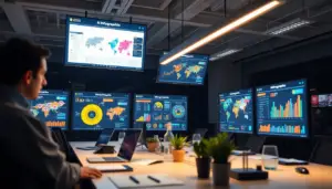 Processus de création d'infographies par IA dans un bureau moderne, affichant des designs colorés générés par ChatGPT et Claude IA.