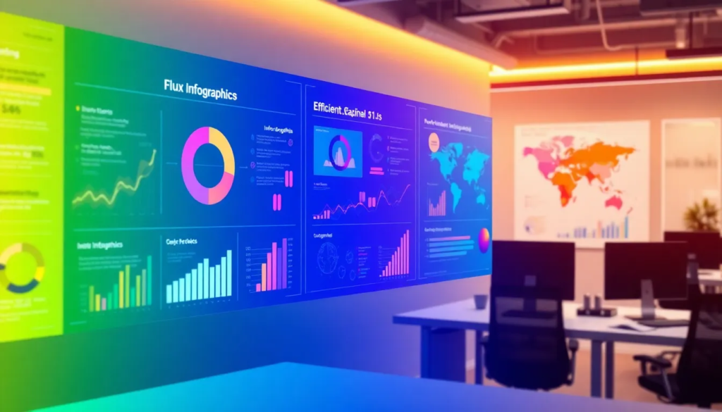 Processus de création d'infographies avec des outils d'IA, mettant en avant des exemples colorés dans un bureau moderne.