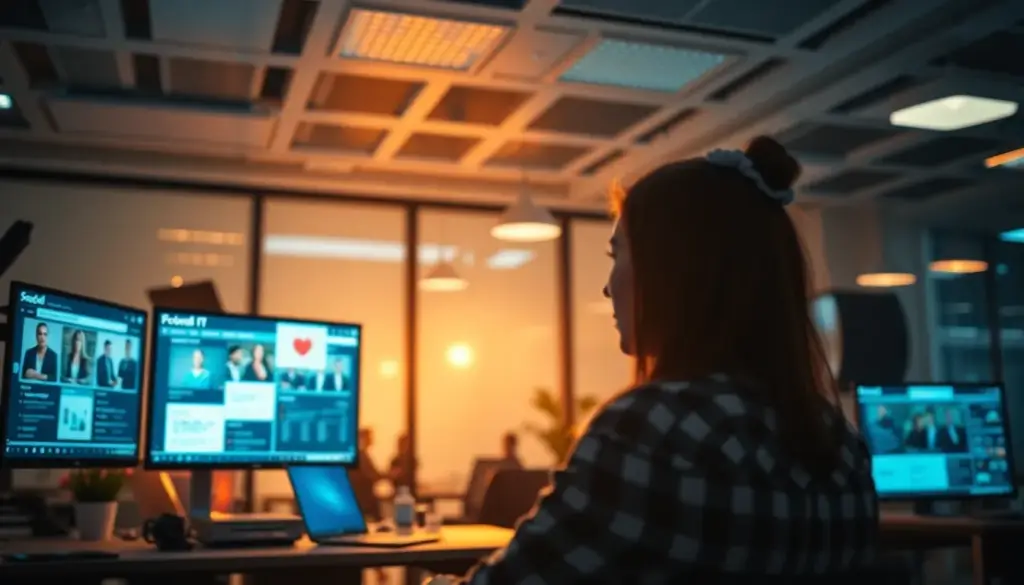 Environnement dynamique des réseaux sociaux avec des interactions utilisateur alimentées par l'IA, illustrant la gestion des communautés et la modération de contenu.