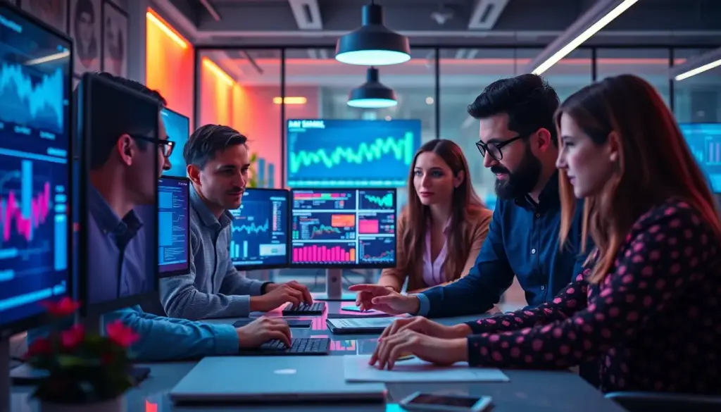 Équipe marketing moderne analysant des données avec des outils IA, illustrant la transformation du marketing digital.