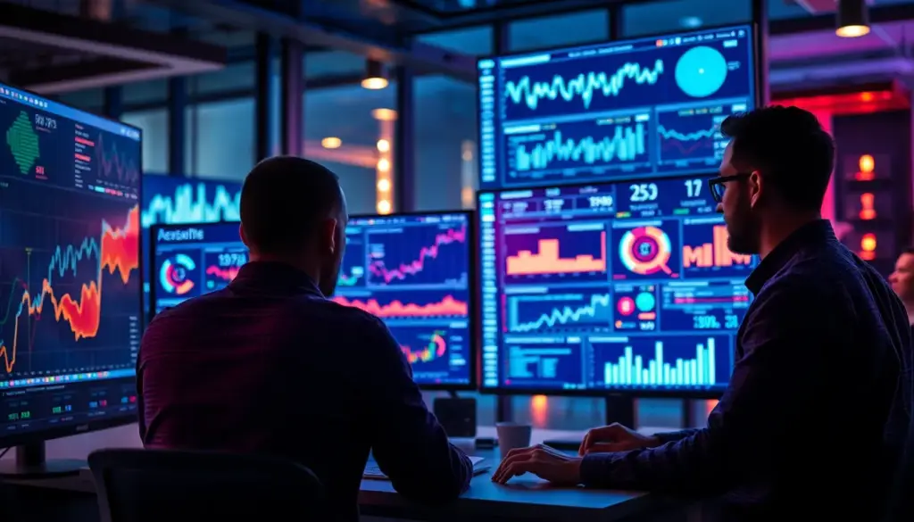 Équipe de marketing analysant des données à l'aide de l'IA dans un bureau moderne.