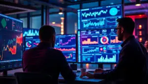 Équipe de marketing analysant des données à l'aide de l'IA dans un bureau moderne.