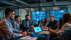 Équipe de marketing dans un bureau moderne discutant de stratégies basées sur l'IA, entourée d'outils numériques.