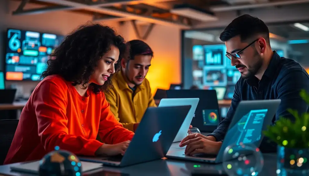 Équipe marketing moderne utilisant des outils d'IA générative dans un environnement de travail dynamique.