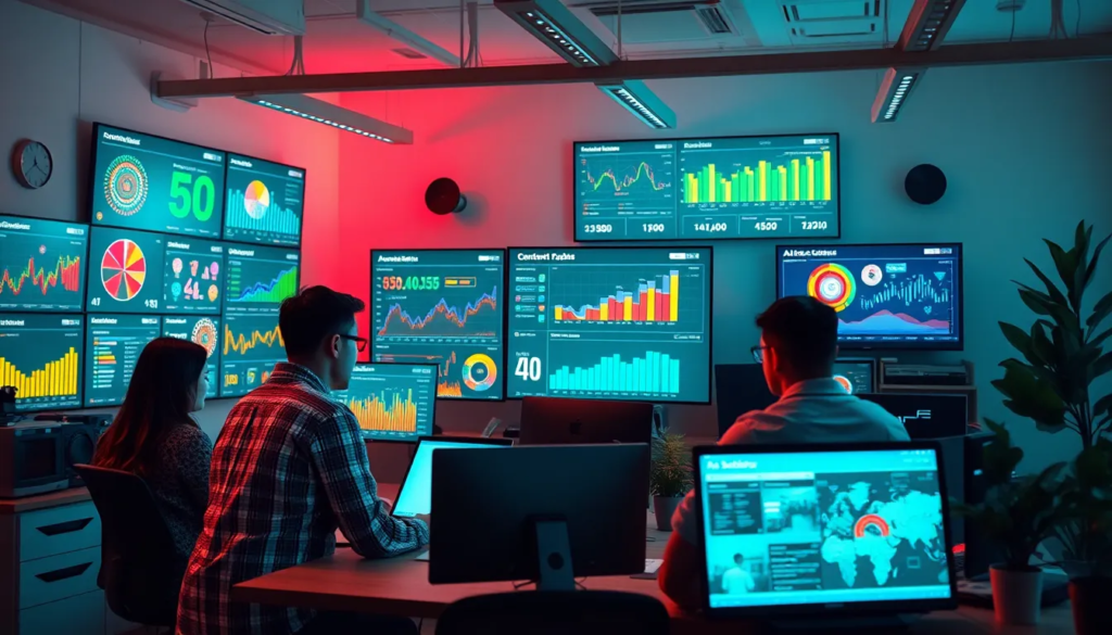 Espace de travail dynamique avec une équipe utilisant des outils de création de contenu IA, illustrant l'importance de l'IA dans le marketing digital.