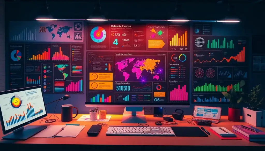 Espace de travail dynamique pour la création d'infographies avec outils modernes, illustrant l'impact de l'IA sur la communication visuelle.