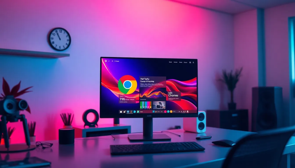 Espace de travail moderne avec écran affichant les nouvelles fonctionnalités IA de Google Chrome, soulignant l'innovation et la productivité.