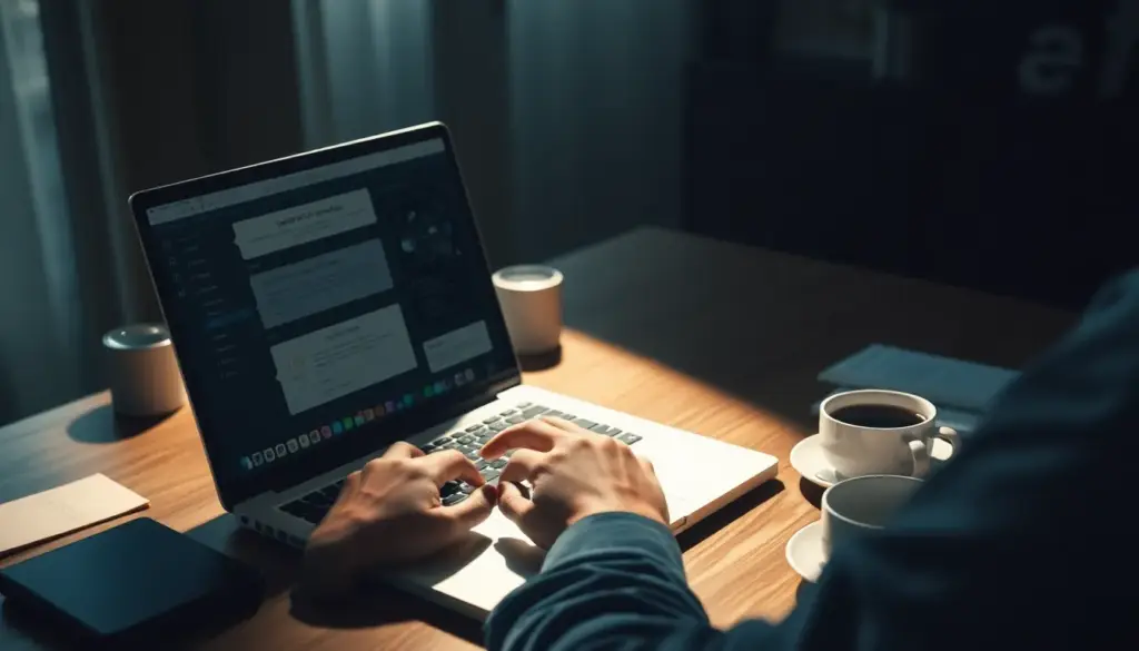 Espace de travail avec une personne utilisant des outils IA comme ChatGPT et Claude AI, illustrant la création de contenu de qualité.