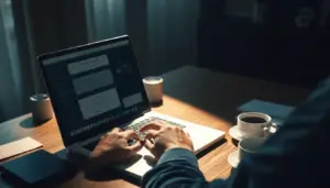 Espace de travail avec une personne utilisant des outils IA comme ChatGPT et Claude AI, illustrant la création de contenu de qualité.