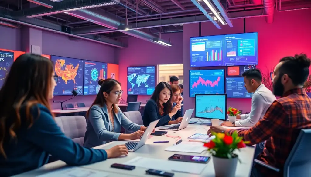 Espace de travail vibrant avec des professionnels créant des infographies attractives grâce à des outils IA comme Canva IA et DALL-E.