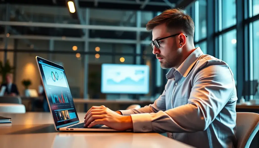 Professionnel du marketing analysant des données sur un ordinateur, mettant en avant l'utilisation des outils IA pour l'optimisation des campagnes.