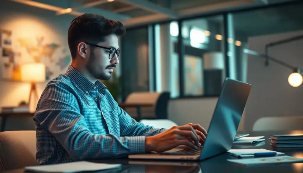 Professionnel du marketing utilisant ChatGPT sur un ordinateur portable dans un bureau moderne, entouré de notes et de matériels de brainstorming.