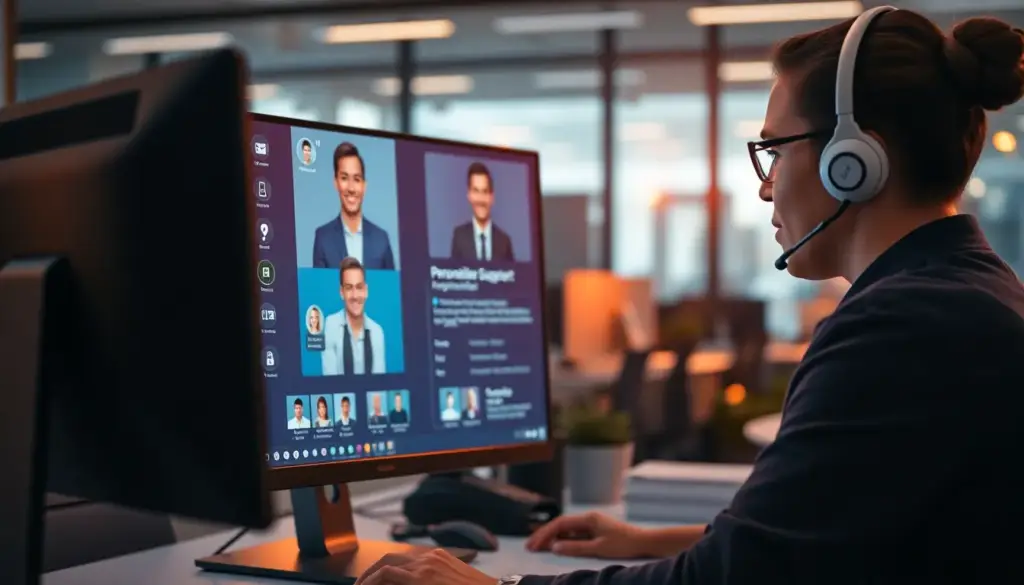 Représentant du service client utilisant un assistant virtuel IA dans un bureau moderne, illustrant le soutien personnalisé.