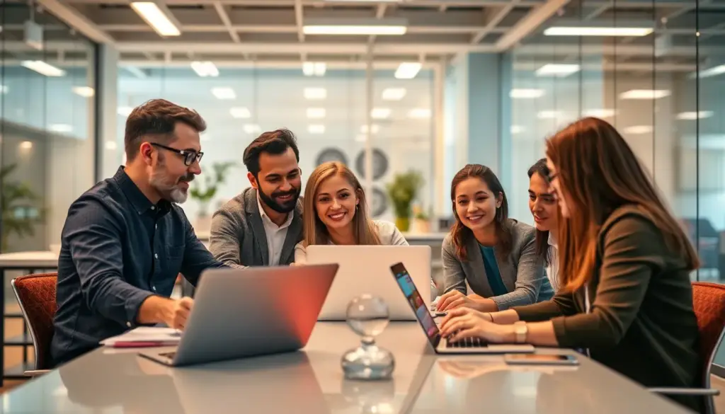 Professionnels en réunion dans un bureau moderne analysant des données de campagnes marketing personnalisées grâce à l'IA.