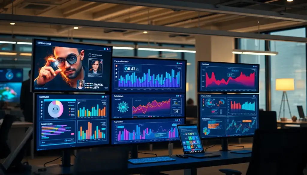 Scène de marketing digital avec affichage personnalisé, graphiques animés et outils de création de contenu au sein d'un bureau moderne, illustrant l'impact de l'IA.