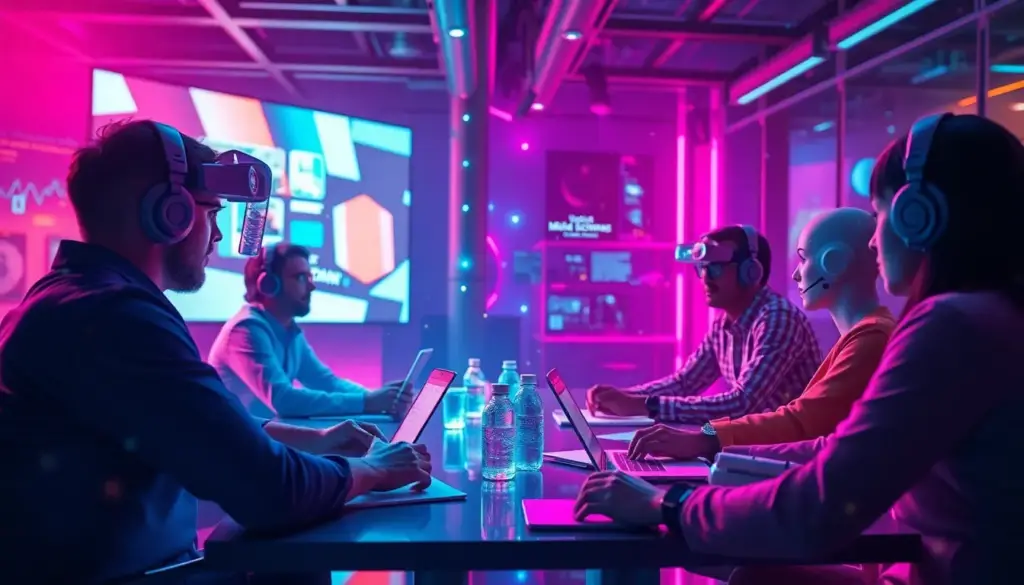 Réunion moderne sur la stratégie marketing sur les réseaux sociaux, illustrant l'utilisation d'outils IA comme les chatbots et la réalité augmentée.