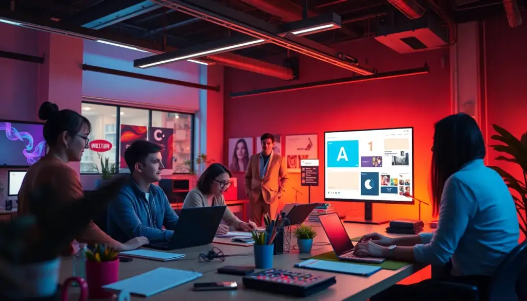 Studio de design moderne avec des personnes utilisant Canva pour créer du contenu, mettant en avant les outils d'IA en marketing.