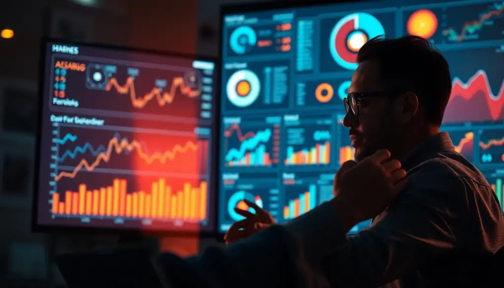Analyste marketing devant un écran moderne, utilisant des outils IA pour optimiser des campagnes publicitaires.