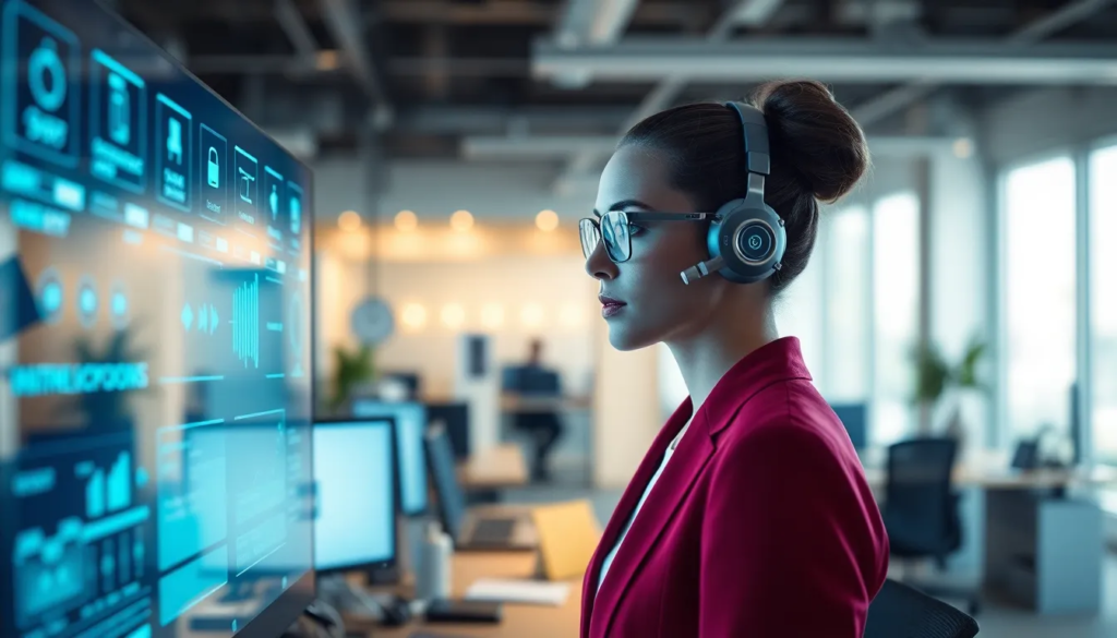 Assistant virtuel IA en interaction avec des clients dans un bureau moderne, illustrant l'automatisation et la communication en temps réel.