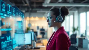 Assistant virtuel IA en interaction avec des clients dans un bureau moderne, illustrant l'automatisation et la communication en temps réel.
