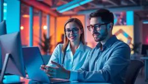 Assistant virtuel interagissant sur les réseaux sociaux dans un bureau moderne, illustrant l'engagement client grâce à l'intelligence artificielle.
