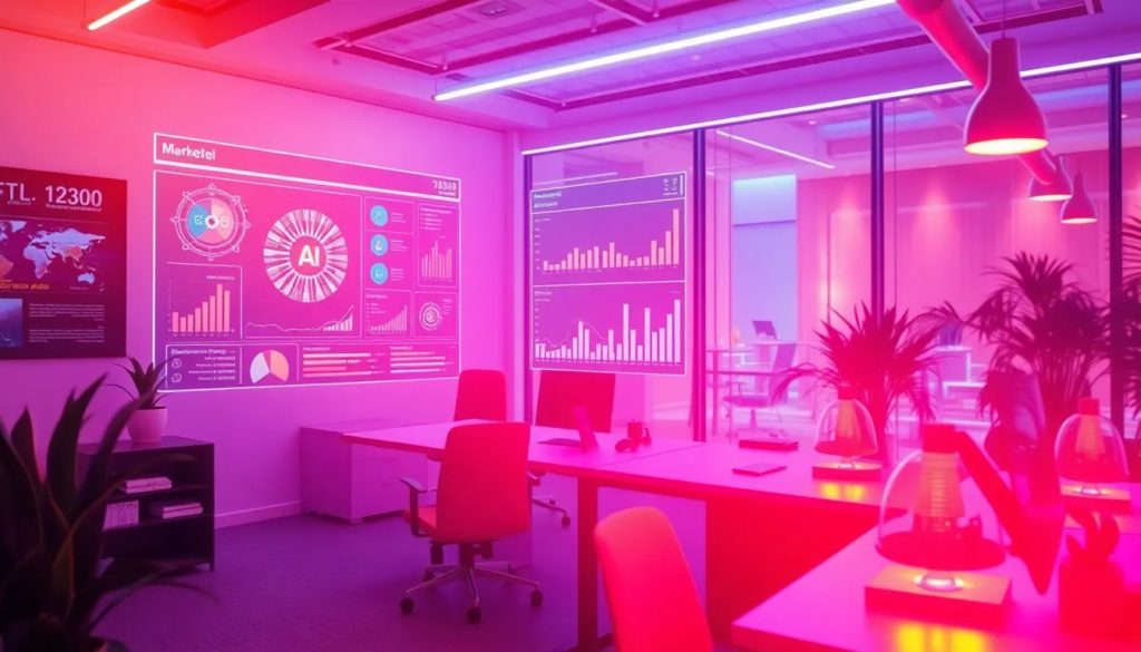 Bureau de marketing moderne avec interface IA illustrant l'automatisation et l'analyse de données, démontrant l'impact de l'intelligence artificielle dans les stratégies marketing.