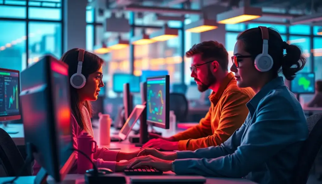 Bureau moderne avec employés utilisant l'IA pour automatiser des tâches, illustrant l'amélioration de la productivité.