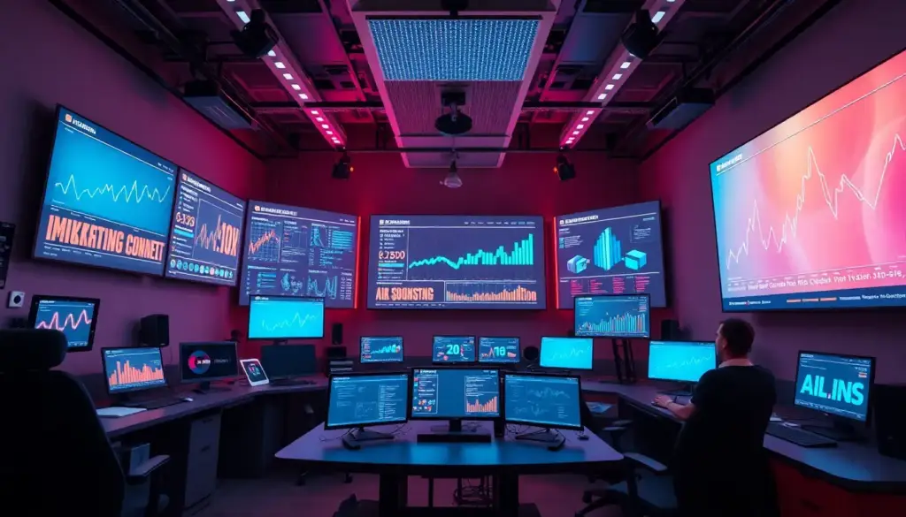 Centre de contrôle moderne avec écrans affichant des analyses et stratégies marketing IA, illustrant le rôle de l'IA dans l'engagement et la création de contenu.