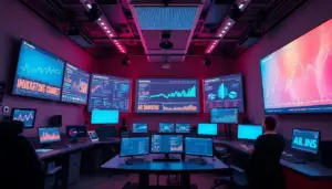 Centre de contrôle moderne avec écrans affichant des analyses et stratégies marketing IA, illustrant le rôle de l'IA dans l'engagement et la création de contenu.