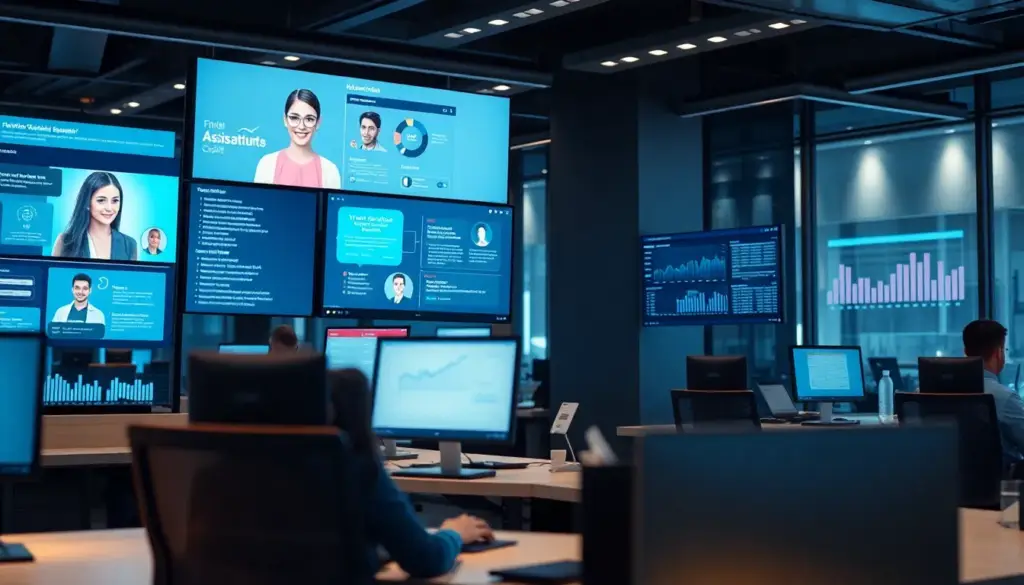 Centre moderne de service client avec des écrans d'assistants virtuels, illustrant l'impact de l'IA sur l'expérience client.