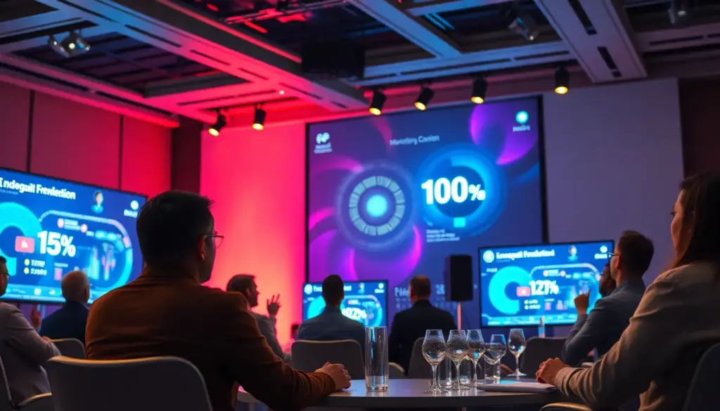 Scène de conférence sur le marketing digital avec des professionnels discutant des stratégies innovantes d'IA.