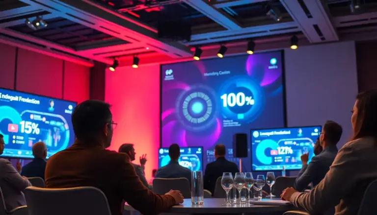Scène de conférence sur le marketing digital avec des professionnels discutant des stratégies innovantes d'IA.