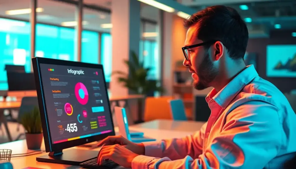 Personne utilisant Canva dans un bureau moderne pour créer une infographie interactive.