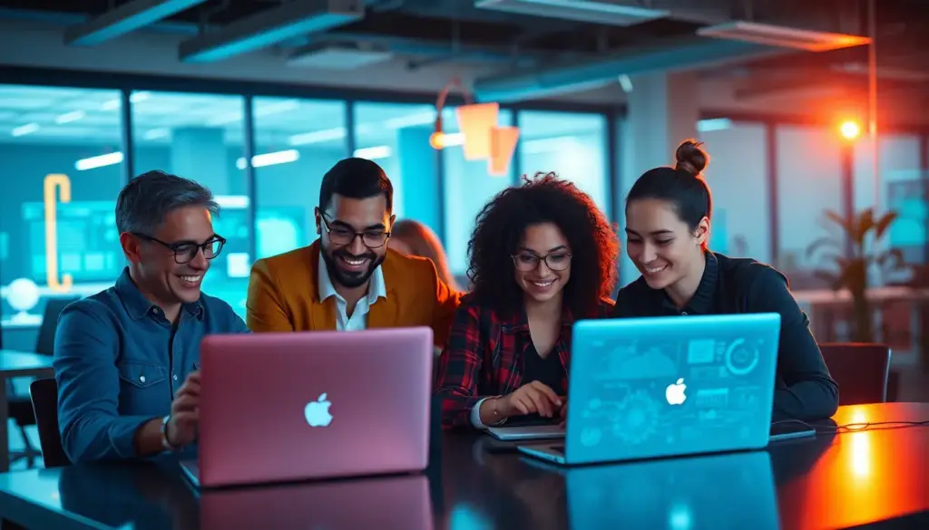 Équipe marketing collaborant dans un bureau moderne avec des outils d'IA, illustrant la transformation du marketing numérique.