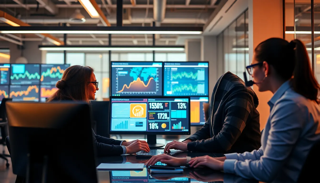 Équipe de marketing digital dans un bureau moderne analysant des données sur des outils publicitaires basés sur l'IA.